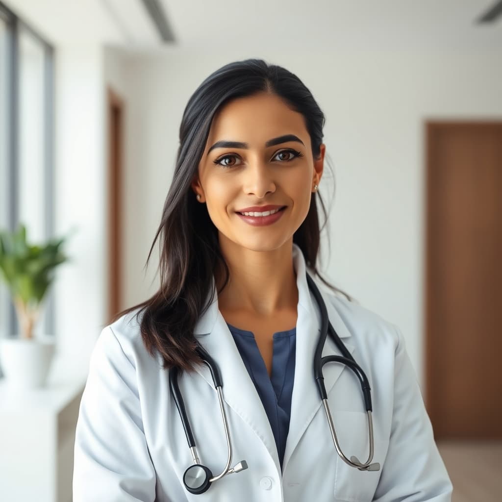 Beyaz önlüklü, güven veren kadın doktor portresi