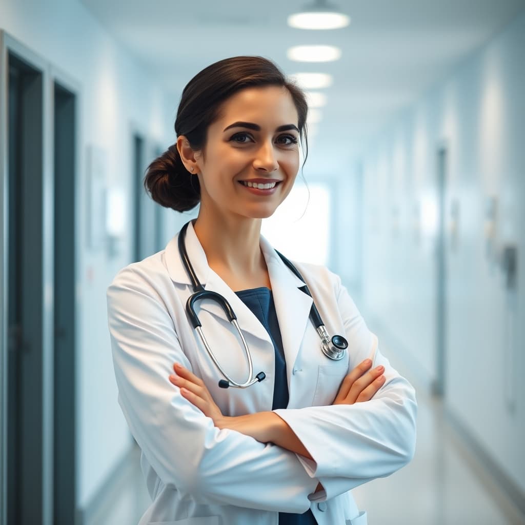 Beyaz önlüklü kadın doktor portresi