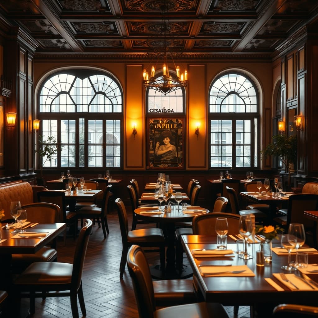 Sıcak ışıklarla aydınlatılmış restoran salonu
